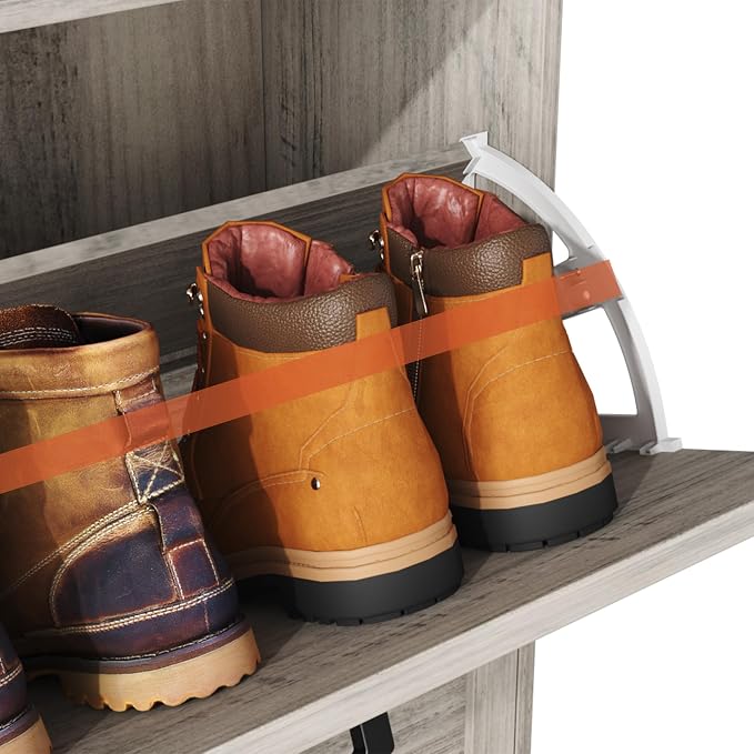 HOMEFORT Large Shoe Cabinet with 4 Flip Drawers, Farmhouse Narrow Shoe Organizer Cabinet for Entryway, Hidden Shoe Rack with Adjustable Side Cabinet for Boot Storage,6 Wood Legs, Washed Gray