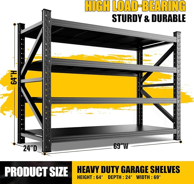 5-Pack 5000LBS Heavy Duty Garage Shelving for Warehouse & Large Storage Organization, 4 Tier Adjustable Metal Storage Rack for Garage, Basement, Workshop & Storage Room, 69" W x 24" D x 64" H