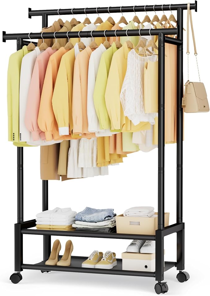 Double Rod Clothing Rack with 2 Shelves, Rolling, Black | All tools included, metal frame, 4 casters with 2 locking, for bedroom, laundry, and entryway