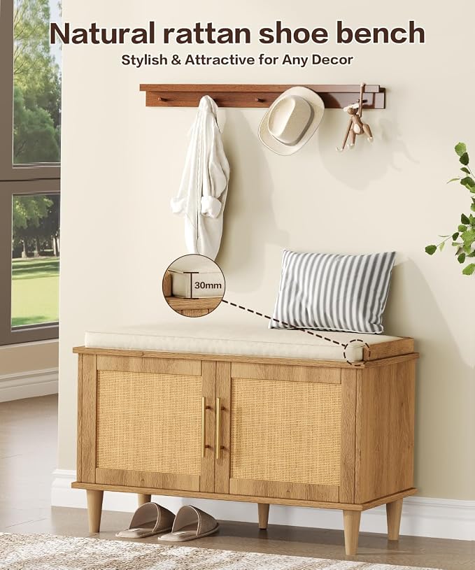 Akxomel 31.5" Rattan Shoe Storage Bench 2 Doors Wooden Entryway Bench Oak | 2 Tier Shoe Bench with Padded Cushion, Adjustable Shelves and 2 Doors, Solid Wood Legs, for Hallway, Living Room, Bedroom