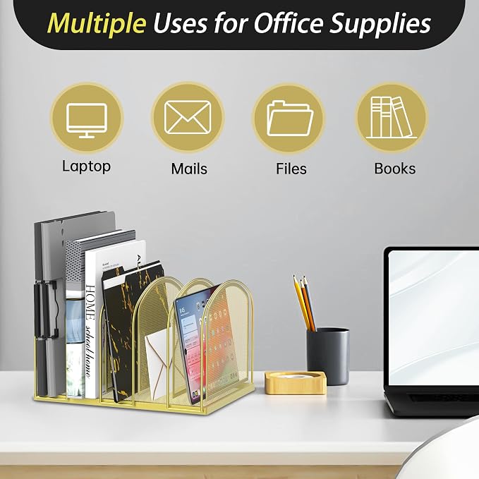 SUPEASY 5-Section File Organizer for Desk, Metal File Folder Holder, Gold | 5 Vertical Compartments with Sturdy Metal Base for Office Documents Books Magazines and Laptop