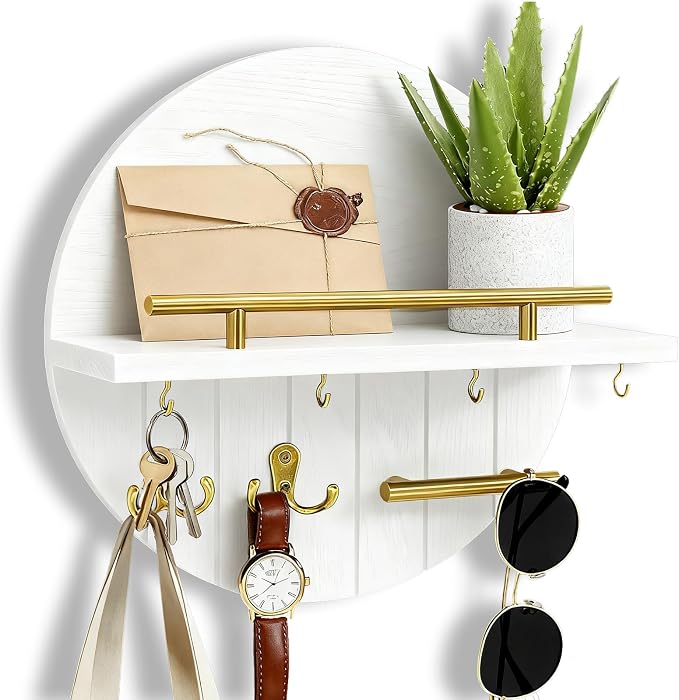 Round Wooden Key Holder Wall Mount with Shelf & 8 Key Hooks for Entryway | White Wood Key Holder, Top Shelf with Metal Guard Rail, Boho & Modern Farmhouse Entryway Decor for Home Apartment