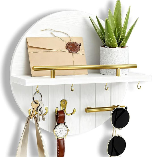 Round Wooden Key Holder Wall Mount with Shelf & 8 Key Hooks for Entryway | White Wood Key Holder, Top Shelf with Metal Guard Rail, Boho & Modern Farmhouse Entryway Decor for Home Apartment