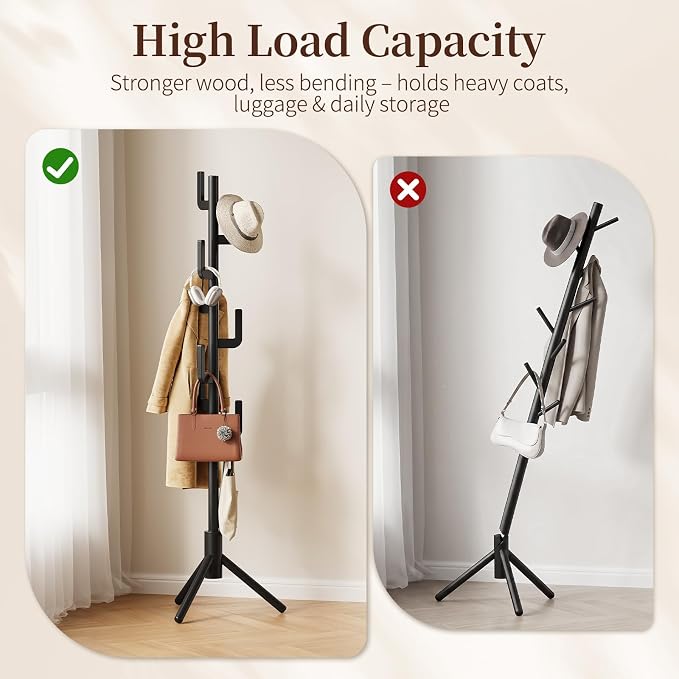 Yoobure Solid Wood Coat Rack - Cactus Coat Tree Freestanding with 8 Hooks, Coat Hanger Stand with 3 Adjustable Sizes for Jacket, Hat, Clothes Stands for Hall, Entryway, Bedroom, Office, Living Room