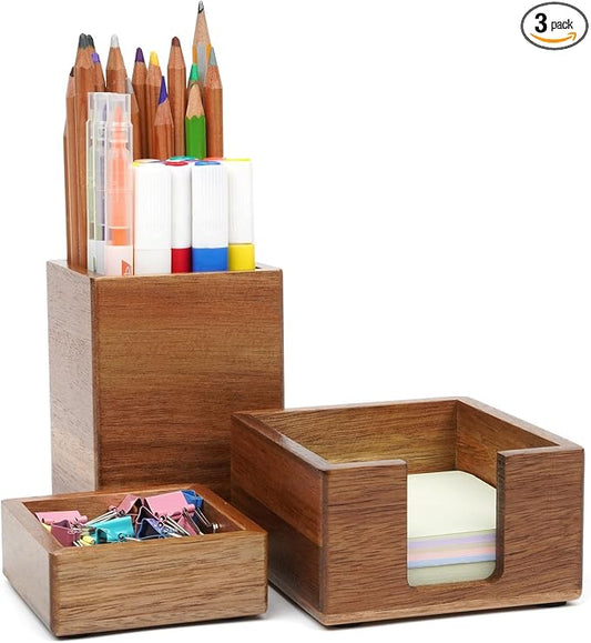 RAWILL 3 PCS Brown Wooden Desk Organizer Set Pine Wood Office Desk Accessories with Pen Holder, Paperclip Storage and Sticky Note Holder, Wood Grain Clear, Ideal Gift for Office and Family