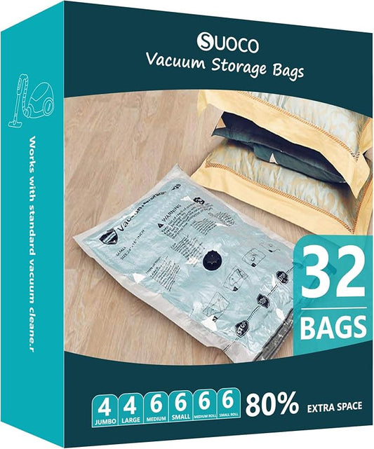 Vacuum Storage Bags, Compression Packing Space Saver Seal Bags for Clothing Bedding Comforters Blankets Pillows, 32 Combo