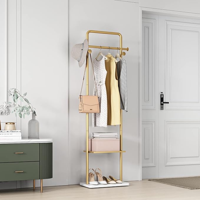 TIEOU Gold Clothes Racks with Shelf, Heavy Duty Gold Clothing Racks for Boutiques, Free-Standing Metal Garment Rack for Hanging Clothes, Modern Coat Rack Entryway(2 tier)