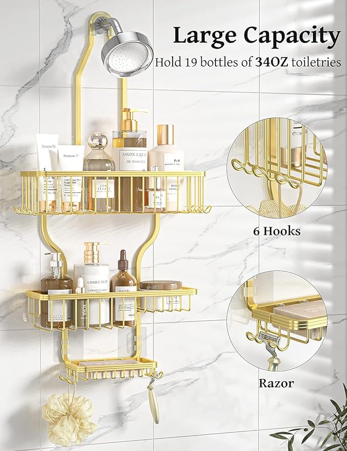 YASONIC Never Rust Shower Caddy Hanging, Aluminum Shower Racks for Inside Shower, 3-Tier Shower Organizer Hanging Over Shower Head with Hooks and Soap Holder, Gold
