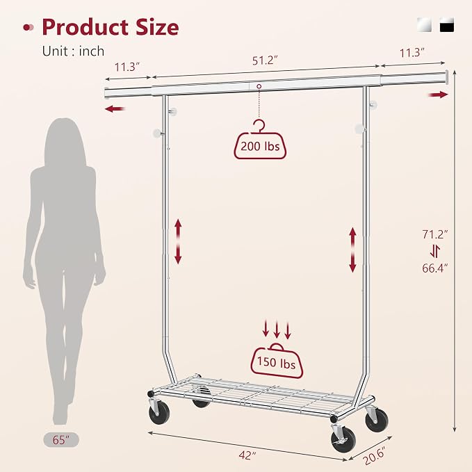 Clothes Rack with Shelf Load 350 LBS, Plating Chrome | Heavy Duty Collapsible Clothing Rack for Hanging Clothes, Extendable & Adjustable, Garment Rack with Wheels for Bedroom