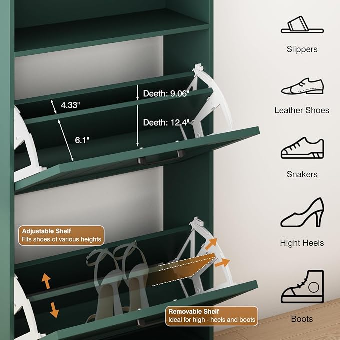 24" W Hidden Shoe Storage Cabinet with 2 Flip Drawers & Open Storage | Farmhouse Modern Shoes Rack Cabinet,Adjustable Shelves, Narrow Slim Shoes Organizer for Front Door Entrance, Entryway,Green