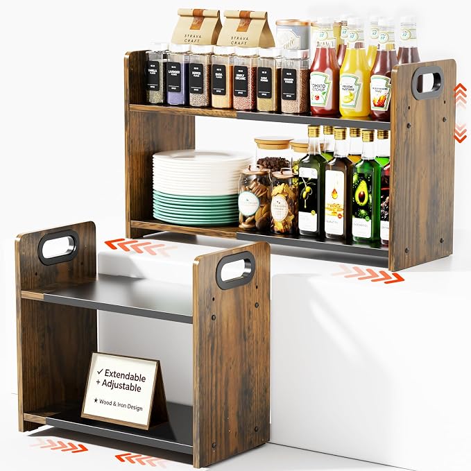 2-Tier Expandable Spice Rack Organizer for Countertop,15.2"-21.5" | Metal & Wood ,Adjustable Height Spice Racks Shelf for Counter Cabinet Coffee Station, Space-saving Kitchen Storage Shelves