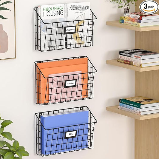 X-cosrack Detachable Hanging Wall Files Rack&3-Tier Metal Folder Wall File Holder with Tag Slot Mounts on Wall and Door for Office, Home, and Work Easy Organizing,Black(Patent Pending)