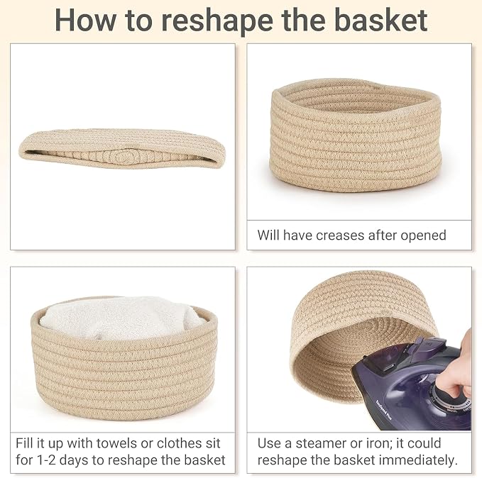 Dahey 4 Pcs Small Woven Storage Baskets for Gifts, 8.66"W x 3.15"H, Beige | Soft Odor-Free Cotton Rope, Open-Top, Tiny Round Basket, Multi-Use Organizing, Holds Cosmetics Keys for Bathroom Home Shelves