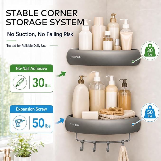 Corner Shower Caddy Adhesive Mount, No Drilling Shower Organizer | 2 Pack, Includes Hooks &Hanging Bar, Rustproof Aluminum, 2 Installation Ways, Wall-Mounted Bathroom Organizer Storage Shelves