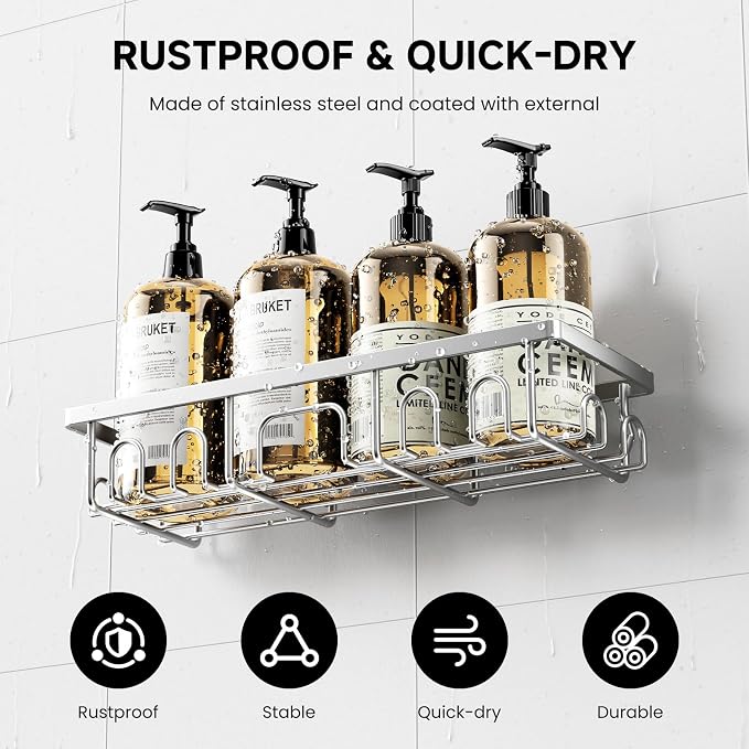 Shower Caddy, 5 Pack Shower Shelves for Inside Bathroom, Rustproof Adhesive Bathroom Organizer with Soap Holder, No Drilling Washroom Organizers and Storage for Bathtub Room/Kitchen, Silver