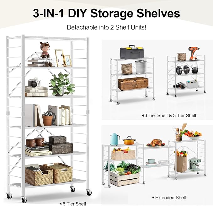 Himix 6-Tier Foldable Storage Shelves Expandable Shelf Wheels White 2-in-1