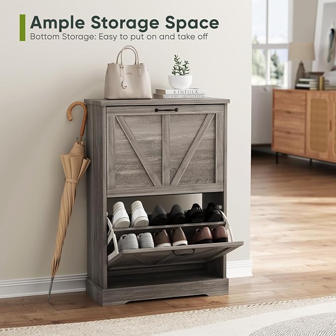 Smart FENDEE Shoe Cabinet, Shoe Storage Cabinet for Entryway with 2 Flip Drawers, Narrow Farmhouse Shoe Organizer Cabinet, Slim Shoe Rack Cabinet, Gery