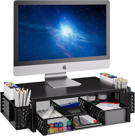 Simple Trending Desk Organizer, Computer Monitor Stand Riser, Black | Metal Laptop & Printer Stand, Desktop Organizer with Drawer & 2 Pen Holders, Anti-Slip Pads, 18.5"W x 9.5"D x 4.75"H