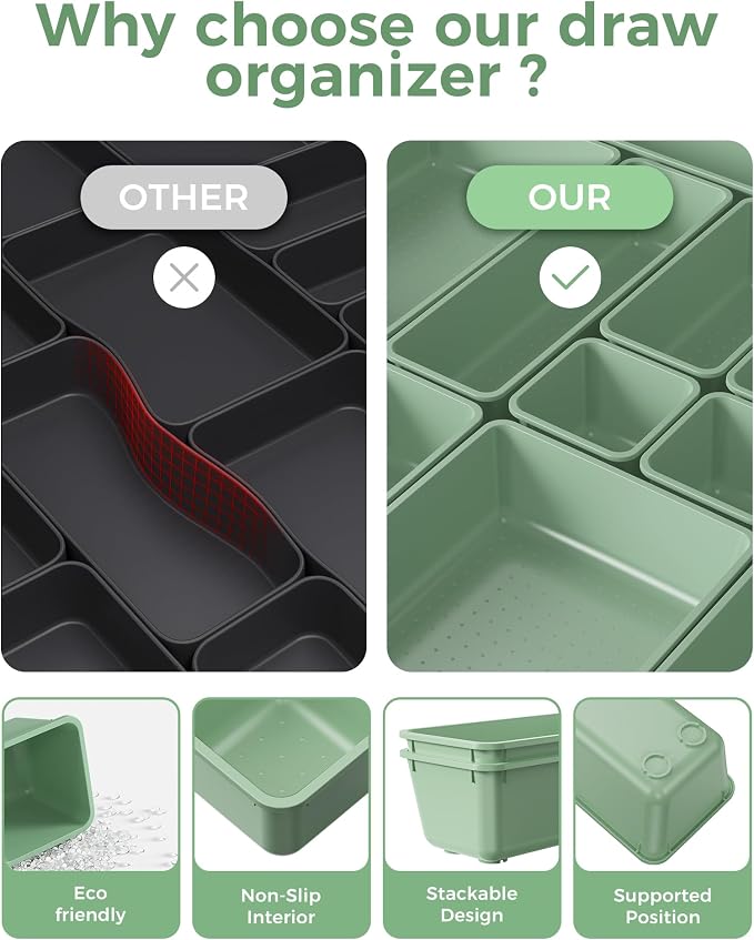 BiuLeon 25 PCS Plastic Drawer Organizers Set, 4-Sizes Vanity and Makeup Organizer, Desk and bathroom Drawer Organizer Trays, Organizers and Storage for Makeup, Jewelry, Gadgets, Utensils (Green)