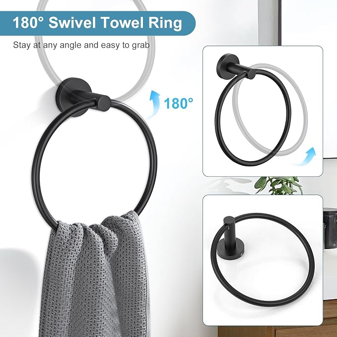 TQKAG 8-Pieces Bathroom Hardware Set Matte Black SUS304 Stainless Steel Bath Towel Bar Set 23.6 Inch Round Bathroom Accessories Kit Wall Mounted