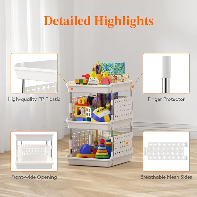 Lifewit 3 Tier Plastic Stackable Storage Baskets for Clothes 1 Pack, White | Stacking Bins for Food, Multifunctional Organizer for RV, Kitchen, Playroom, Pantry and Bathroom