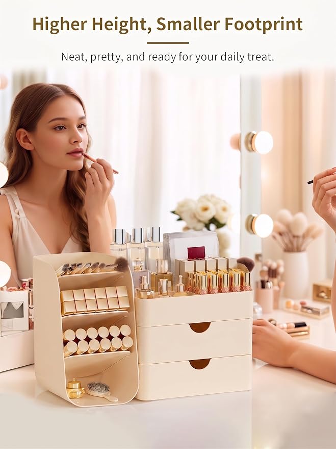 Booklov Small Makeup Organizer for Vanity Countertop, Cream | Plastic Cosmetic Display Case with Drawers, Beauty Brush Holder for Bathroom Counter, Skin Care Perfumes Storage