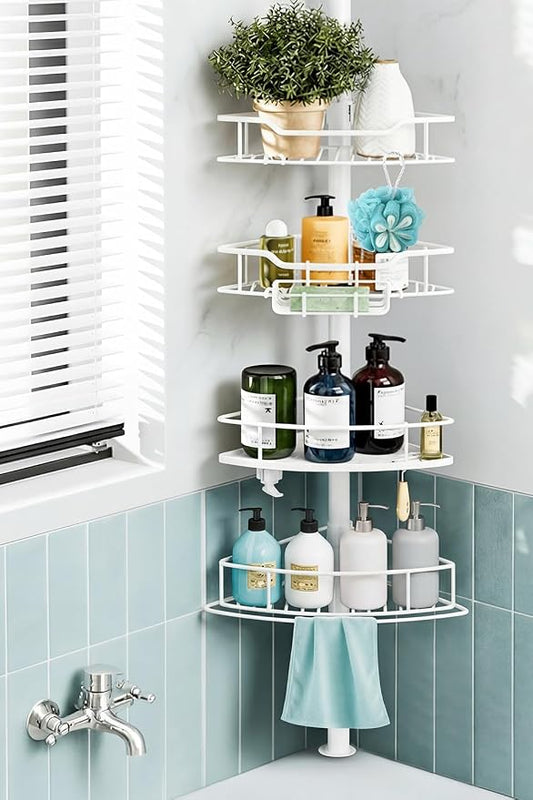 Corner Shower Caddy Tension Pole, 4 Tier Rustproof Shower Tension Rod Organizer, Adjustable 25-125 Inch Bathroom Shower Organizer Shelves for Bathtub Shampoo Storage, White