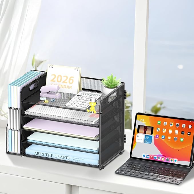 5-Tier Desk Organizer with File Holder, Paper Organizer for Desk, Black | 5 Letter Trays and Vertical File Holder with Metal Mesh Frame for Papers Folders Books and Mail in Office Home or School