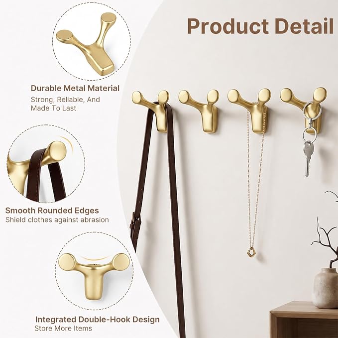 Coat Rack Wall Mount, Decorative Double Hanger Hooks, 4Pcs Gold Hook, Premium Zinc Alloy Y-Shaped/Antler Hooks for Towels, Bags, Hats, Cups & Keys, Ideal for Entryway, Bedroom, Bathroom, Kitchen