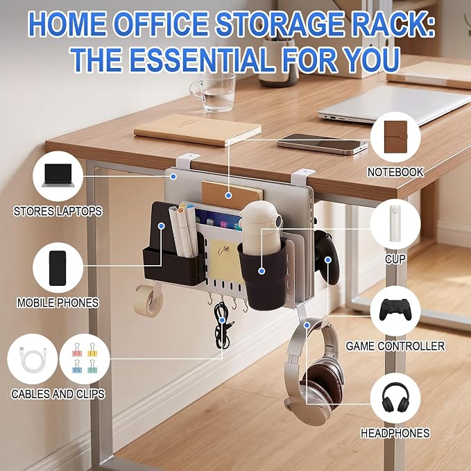 Desk Side Storage Organizer Set No Drill Under Desk Laptop Stand Organizer with Cup Pen Holder Headphone Hanger and Magnet Hook for Office Home Table Fits Edge 0.2" to 2.2"(Double,White)