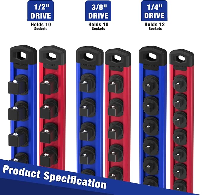 WORKPRO Magnetic Socket Organizer Set, 6-Piece 1/4” 3/8” 1/2” Socket Rails | 2-Piece 1/4-Inchx12 Clips, 2-Piece 3/8-Inchx10 Clips, 2-Piece 1/2-Inchx10 Clips, Aluminum Alloy, Rotatable & Movable Clip