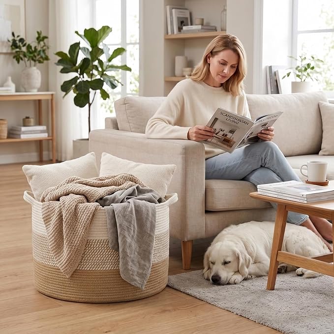 115L Large Blanket Basket,Rope Woven Laundry Basket-Yellow | Collapsible, reinforced handles, nursery storage bin organizes clothes, toys and pillows for living room, bedroom bathroom