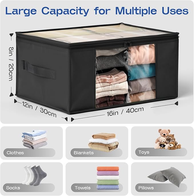 Clothes Storage Bags, Foldable Thick Fabric Blanket Storage Bags, Large Clear Window & Carry Handles, Great for Clothes, Blankets, Closets, Pillows (Black, 6PACK)