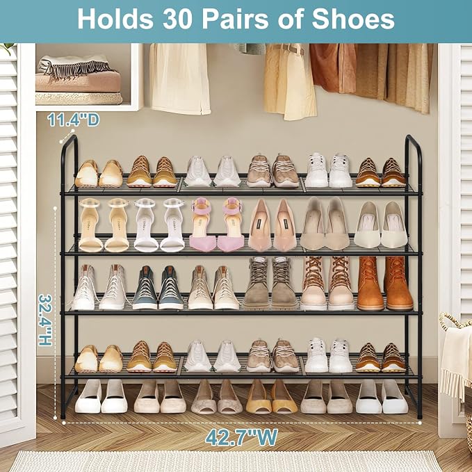 AOODA 4 Tier Long Metal Shoe Rack for Closet Wide Stackable Shoe Storage Organizer for Entryway, Bedroom, Floor, Holds 30 Pairs Men Sneakers Large Boot Shelf with Wire Grid, Black