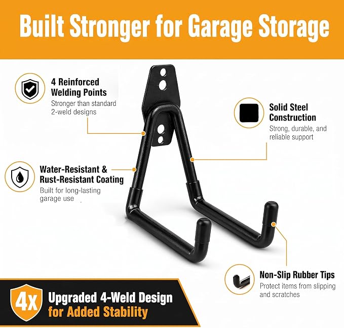 Garage Hooks, 12 Pack Wall Hooks for Hanging Heavy Duty Ladders, Bikes, Tools Ideal for Garage, Garden, Basement Utility Room Storage (Orange)