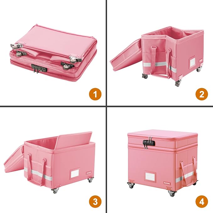 DocSafe File Box with Lock,2-Layer Fireproof Document Box with Wheels,Collapsible Rolling File Storage Organizer with Pockets,Large Portable Home Office Filing Cabinet Safe for Hanging Folders,Pink