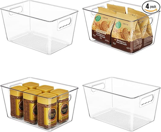 YIHONG Clear Plastic Storage Organizer Bins, 4 Pack Pantry Food Storage Bins with Handle for Kitchen,Refrigerator, Freezer,Cabinet Organization and Storage