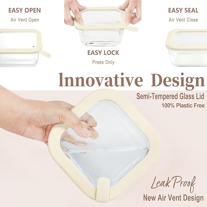 Glass Food Storage Containers with Glass Lids, Microwave Safe Food Container Set, Aitight Meal Prep Container Set, LeakProof, 100% Plastic Free, 4 Pack