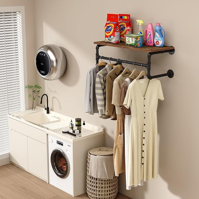 Clothes Rack with Top Shelf, 29.1in Industrial Pipe Wall Mounted Garment Rack, Space-Saving Display Hanging Clothes Rack, Heavy Duty Detachable Multi-Purpose Hanging Rod for Closet Storage