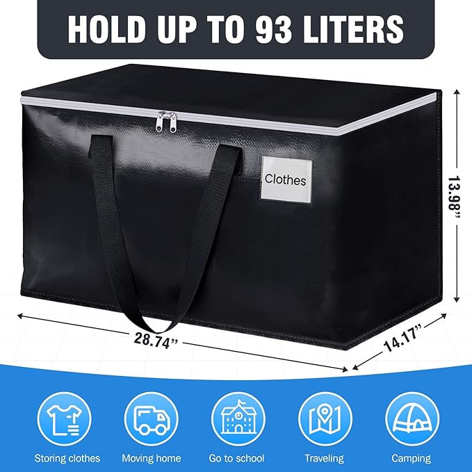 Heavy Duty Moving Bags, Extra Large Storage Bags, 93L, 8-Pack, Black | Foldable, with Zippers, Tag Pocket & Handles, Reusable, Space-saving, Water-Resistant, for moving & storage, Versatile Use