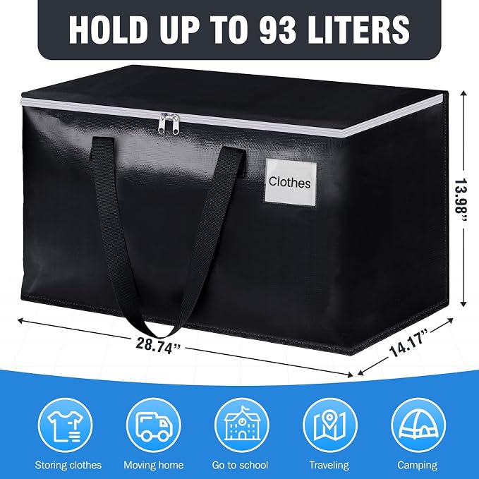 Heavy Duty Moving Bags, Extra Large Storage Bags, 93L, 10-Pack, Black | Foldable, with Zippers, Tag Pocket & Handles, Reusable, Space-saving, Water-Resistant, for moving & storage, Versatile Use