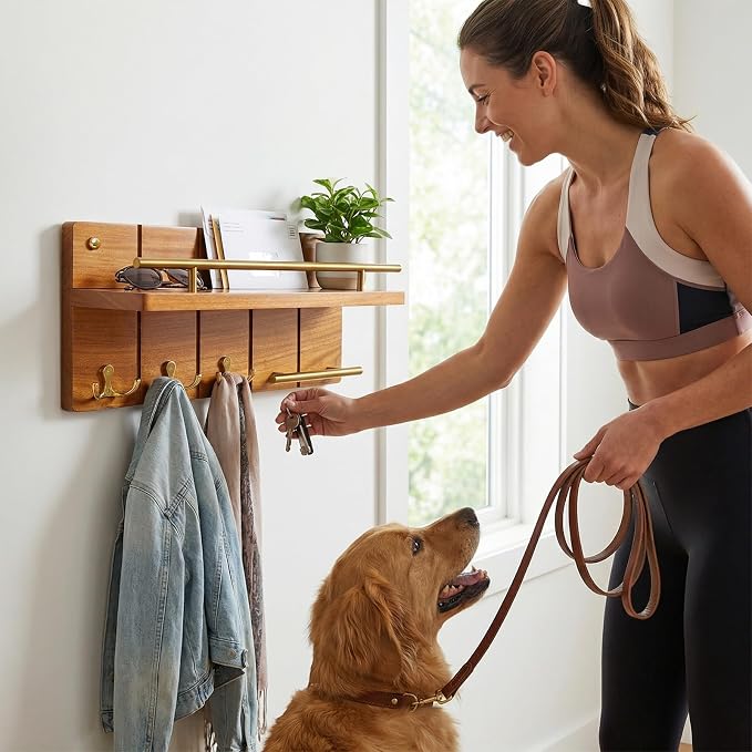 15.7” Solid Teak Wood Key Holder Wall Mount with Shelf and Hooks | Crafted from natural solid teak wood with unique grain patterns, bringing warmth and elegance to your entryway, large size