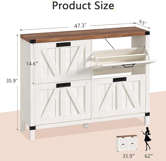 47" Farmhouse Shoe Cabinet with 4 Flip Drawers for Entryway, Hallway | Slim Shoe Rack Freestanding Shoe Organizer with Barn Door, Brown and White