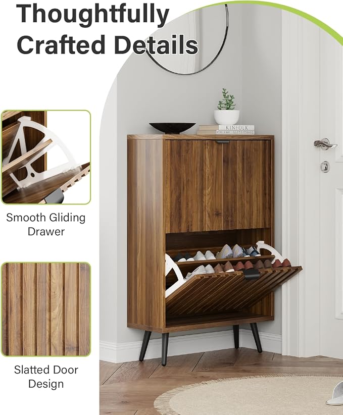 Smart FENDEE Fluted Shoe Storage for Entryway, Walnut Hidden Cabinet with Metal Legs, Organizer with Flip Doors, Slim Entryway Storage