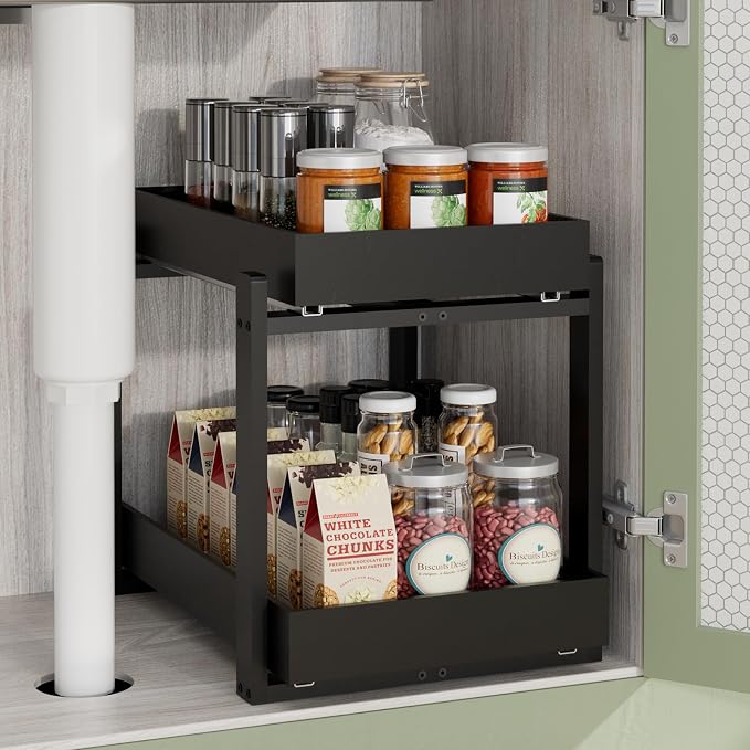 APRTAT 2 Pack Bamboo Under Sink Organizer, 2-Tier Pull Out Storage Drawers | Smooth pull-out drawers keep cleaners and tall bottles visible, organized and easy to reach in kitchen or bathroom cabinets