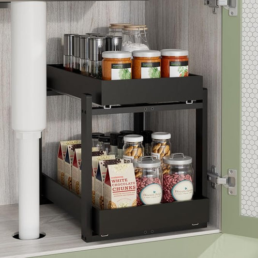 APRTAT 2 Pack Bamboo Under Sink Organizer, 2-Tier Pull Out Storage Drawers | Smooth pull-out drawers keep cleaners and tall bottles visible, organized and easy to reach in kitchen or bathroom cabinets