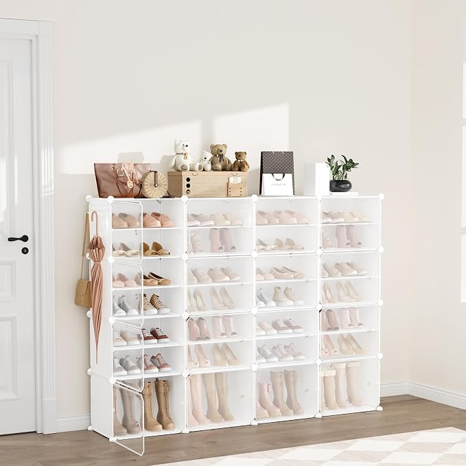 Portable Shoe Rack Organizer with Door, 64 Pairs Shoe Storage Cabinet Easy Assembly, Plastic Adjustable Shoe Storage Organizer Stackable Detachable Free Standing DIY Expandable 8 Tier White