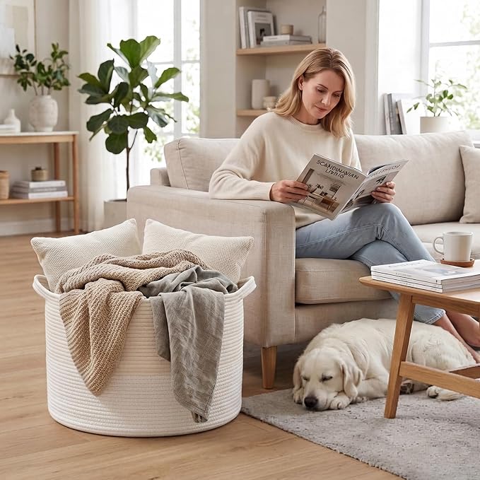 115L Extra Large Woven Cotton Rope Blanket Basket-White | Collapsible, reinforced handles, nursery storage bin organizes clothes, toys and pillows for living room, bedroom bathroom