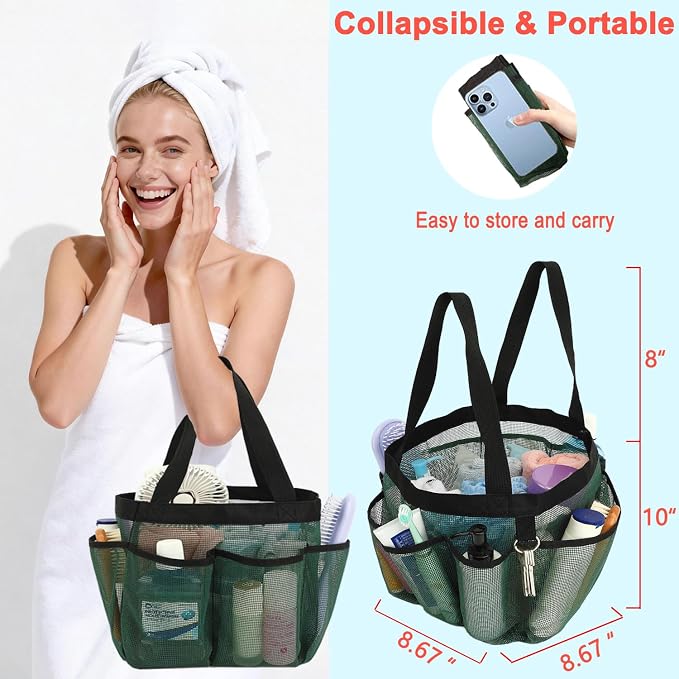 Fammart Mesh Shower Caddy Portable for College Dorm Room Essentials, Odorless Polyester Large Shower Tote Bag with Dual Handles, 8-Pocket Quick-Dry Toiletry Organizer for Travel, Beach, Camping, Gym