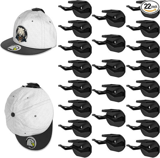 22 Pack Adhesive Hat Hooks for Wall, Super Strong Hat Rack for Baseball Caps, Hat Organizer Display for Home Decor, Hat Hangers Holder for Wall, Door, Closet, No Drilling - USA Patented (Black)